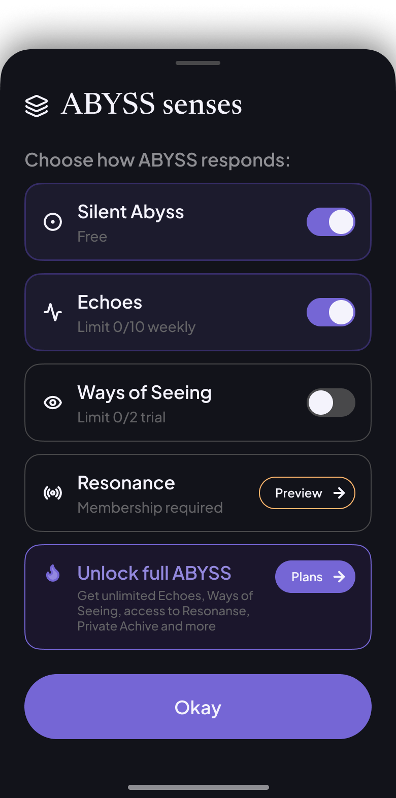 The ABYSS senses sheet for choosing response layers